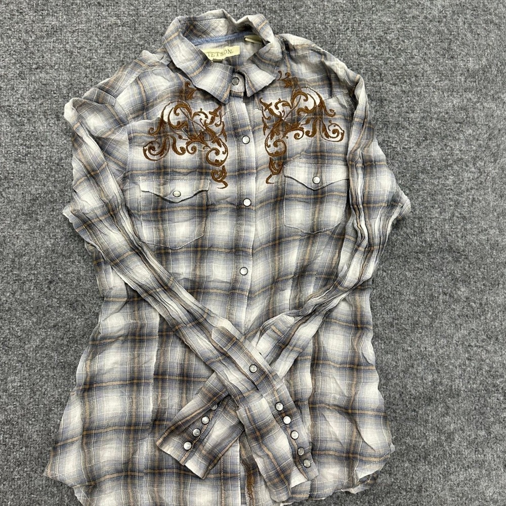 Stetson Shirt Womens Size L Blue Plaid Western Embroidered Pearl Snap Cotton